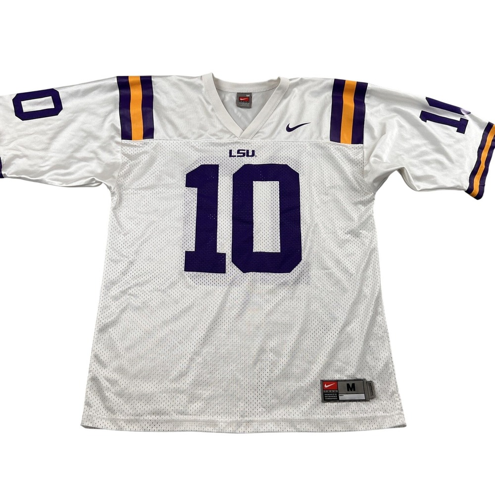 Vintage Nike Team LSU Tigers 10 Football Jersey M White Purple Men Mesh Gameday